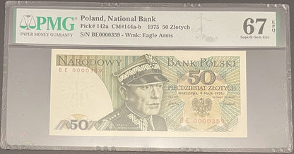 Banknot 50 złotych 1975 PMG 67 EPQ Niski numer 359