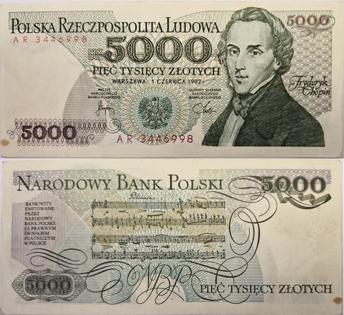Banknot 5000 zł 1982 Fryderyk Chopin stan 2