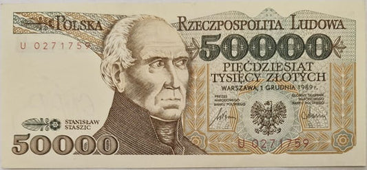 Banknot 50000 zł 1989 Stanisław Staszic stan 1