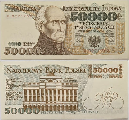 Banknot 50000 zł 1989 Stanisław Staszic stan 1
