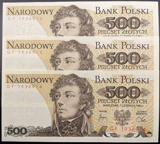 Banknot 500 zł 1982 Tadeusz Kościuszko 3 kolejne