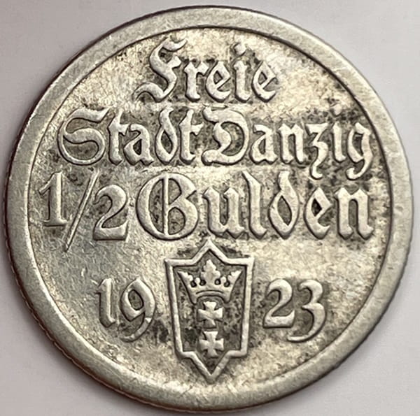 Moneta 1/2 guldena 1923 r. Wolne Miasto Gdańsk stan 3